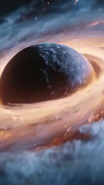 Vertical video: Rotating shot revealing planetoid showing lit hemisphere, glowing ring and embers