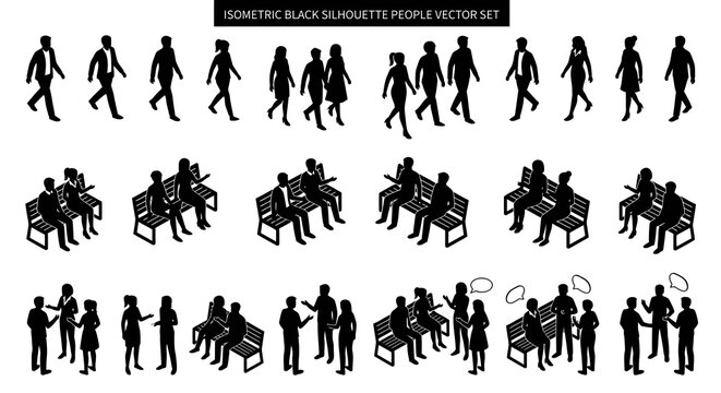 isometric black silhouette people and benches vector set