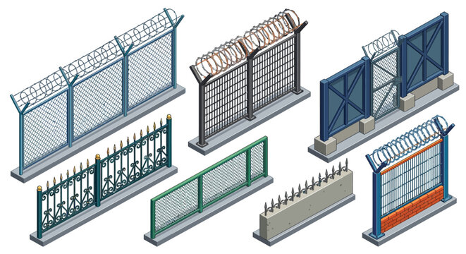 security fences and barriers isometric vector illustration on white background