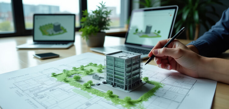 Architect works on building model project. Person plans construction with laptop, blueprint and mini city mockup. Engineer designs structure on desktop, uses digital tech for urban planning.