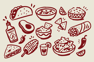 Fototapeta na wymiar Mexican Food Set Red Doodle Sketch Vector