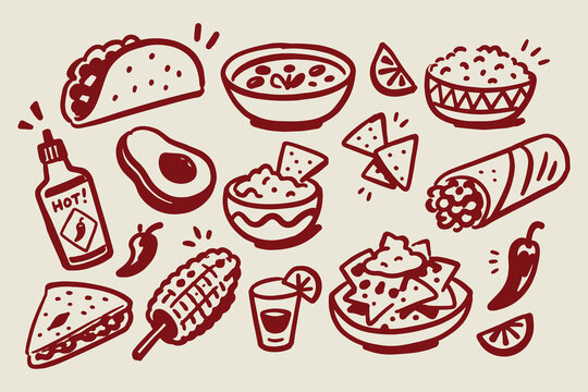 Mexican Food Set Red Doodle Sketch Vector