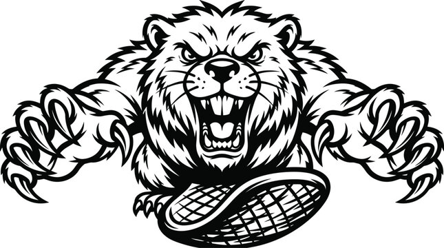 Aggressive mascot beaver illustration with sharp claws and wide mouth