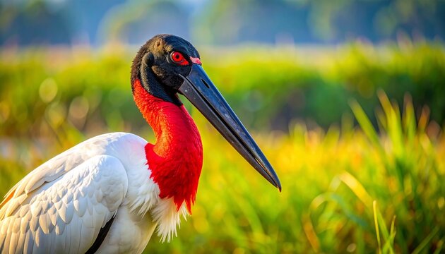 Jabiru stork with bright red inflated neck in lush wetland grasslands close-up portrait