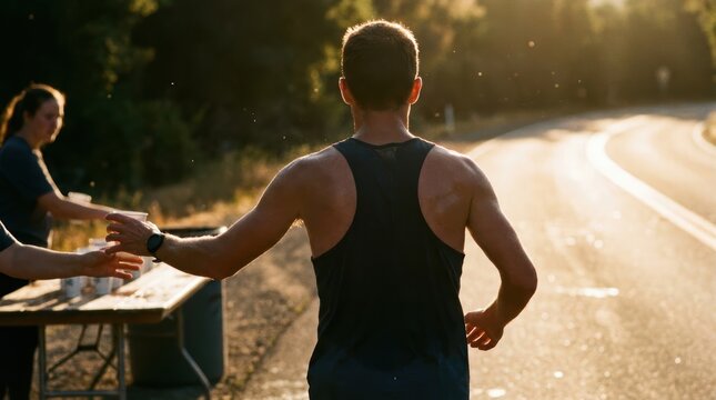 Runner reaches out for a drink during an outdoor race at golden hour Heat stroke