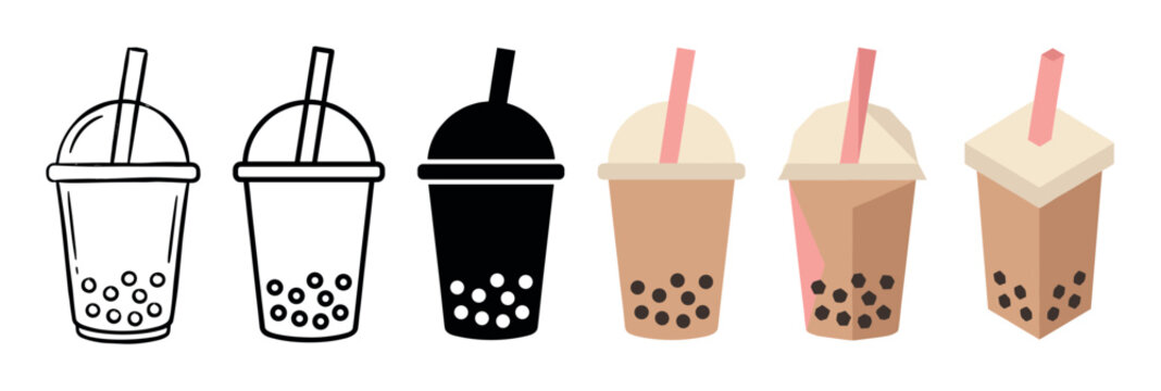 Bubble tea drink cups with straw and tapioca pearls multi style icon set with outline, solid, flat, and isometric styles