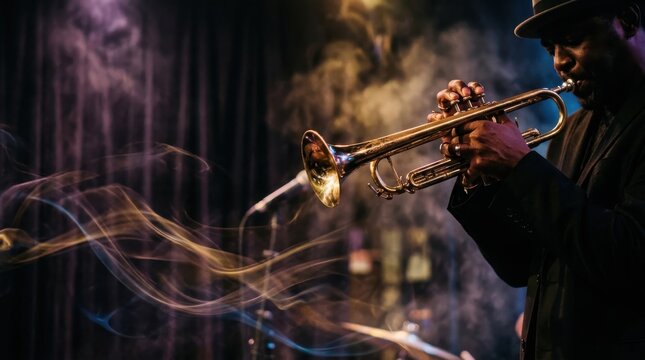 African American jazz musician playing trumpet on stage in a smoky club, capturing the soulful atmosphere of a nighttime live music performance for entertainment industry media