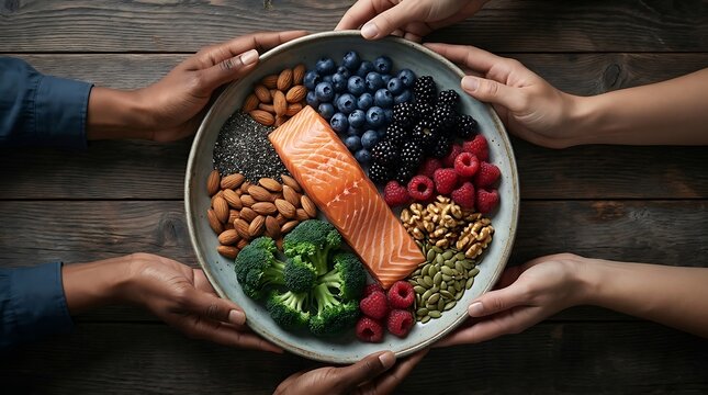 Healthy food bowl with salmon, berries, nuts, and seeds held by hands