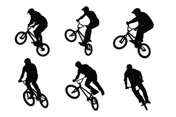 Obraz premium Set of BMX Bicycle Rider Silhouettes Performing Stunts and Extreme Jumping Tricks Isolated on White Background