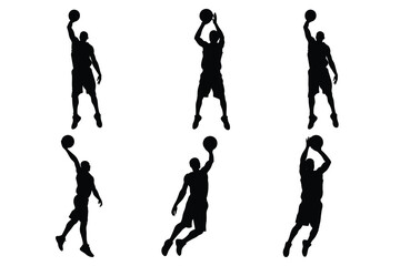 Basketball Player Silhouette Set, Male Athletes Jumping, Shooting, and Slam Dunking, Sports Action Concept © shahriar