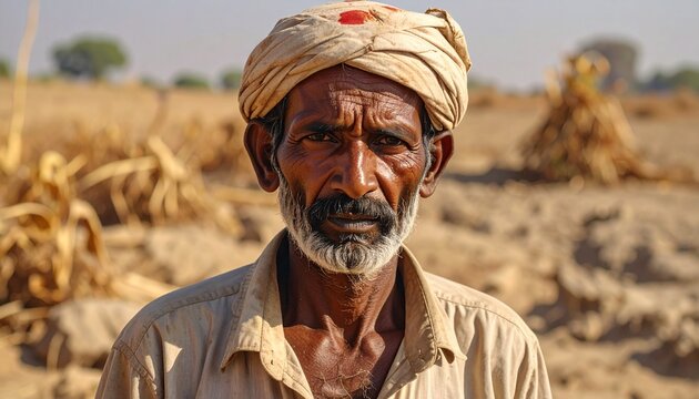 Emotional Indian farmer standing in crop field with stressed expression