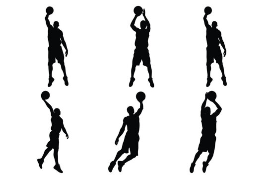 Basketball Player Silhouette Set, Male Athletes Jumping, Shooting, and Slam Dunking, Sports Action Concept