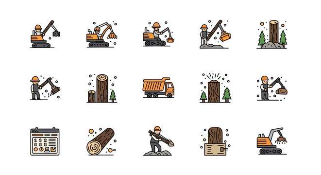 Set of forestry and logging industry icons, featuring workers, machinery, and timber.