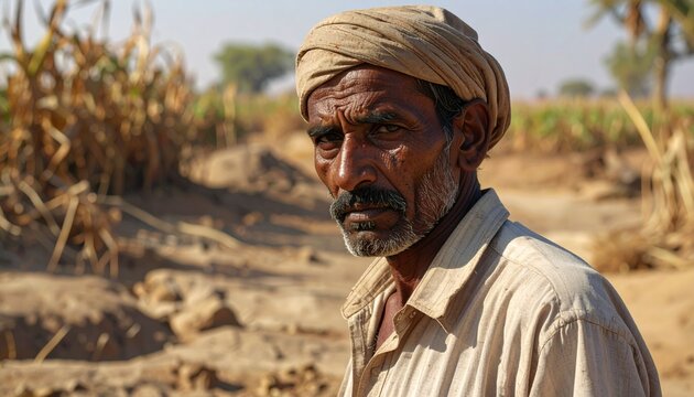 Hardworking Indian male farmer looking tense while standing in farmland