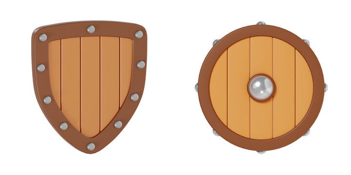3D wooden shield set featuring classic heater shield and round buckler shield