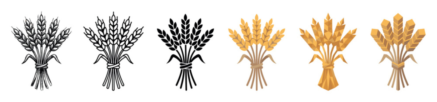 Wheat ears bundle multi style icon set with hand-drawn, outline, solid, flat, polygonal, and isometric styles