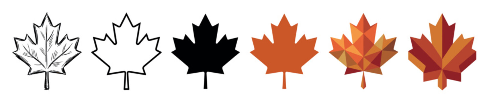 Maple leaf multi style icon set with hand-drawn, outline, solid, flat, polygonal, and isometric styles