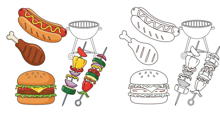 Barbecue fast food vector set. Colored and black line art of hot dog, burger, chicken leg, skewers, and BBQ grill for coloring book.