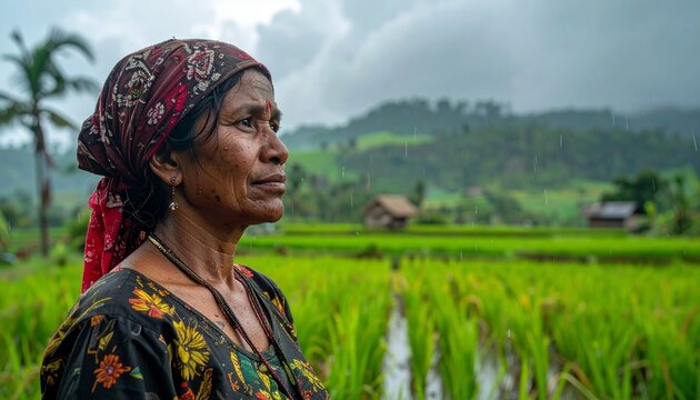 Tensed female farmer looking at sky waiting desperately for rain