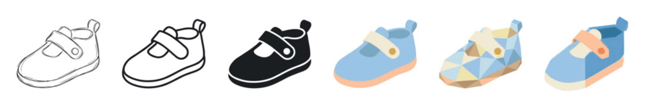 Baby shoe footwear multi style icon set with sketch, outline, glyph, flat, polygonal, and isometric styles for children's fashion and accessories