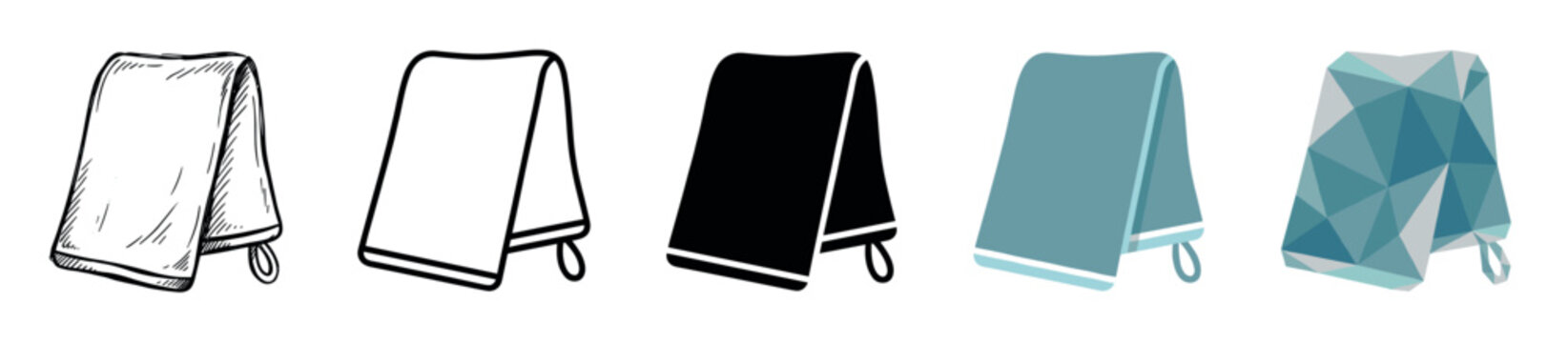 Folded towel multi style icon set with hand-drawn sketch, outline, solid, flat, and polygonal styles for hygiene and bathroom concepts
