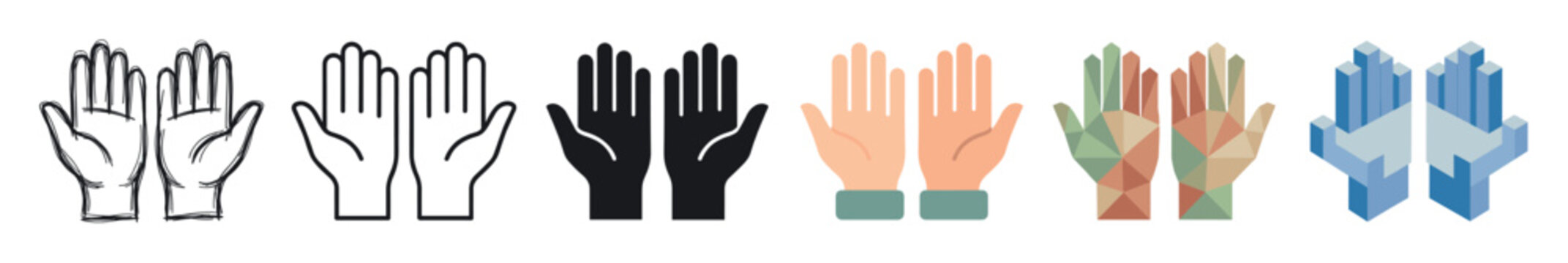 Human hands open palms multi style icon set with sketch, outline, solid, flat, polygonal, and isometric