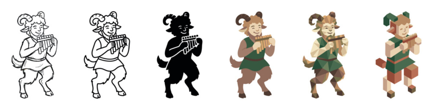 Smiling satyr faun playing pan flute multi style icon set with outline, solid, flat, low poly, and isometric styles