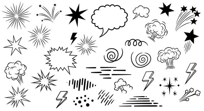 Set of comic book sound effects and action elements with explosion lightning handdrawn expression abstract comicbook