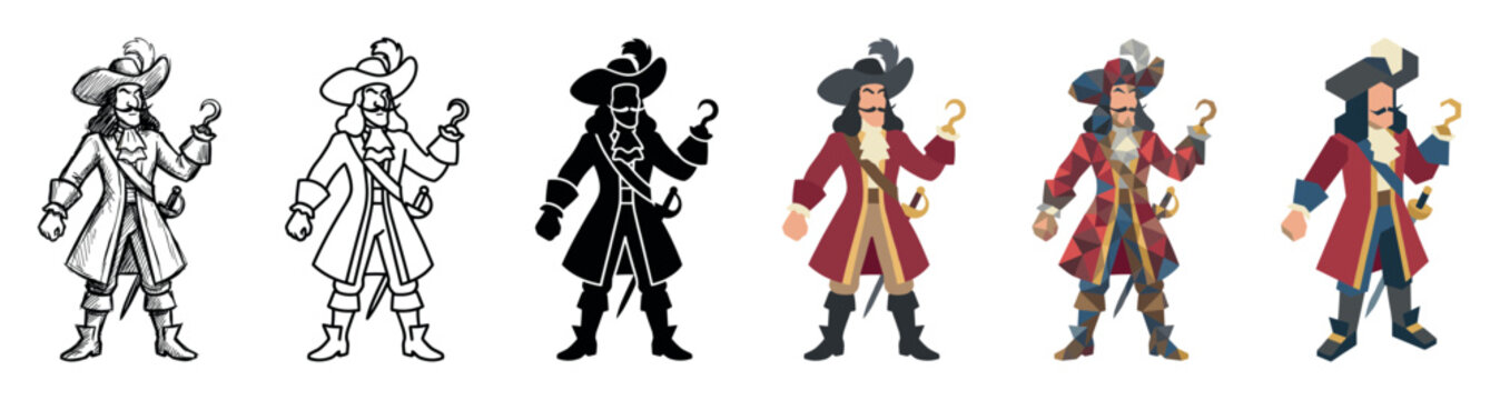 Pirate captain character with hook, hat, and sword in six distinct artistic styles set