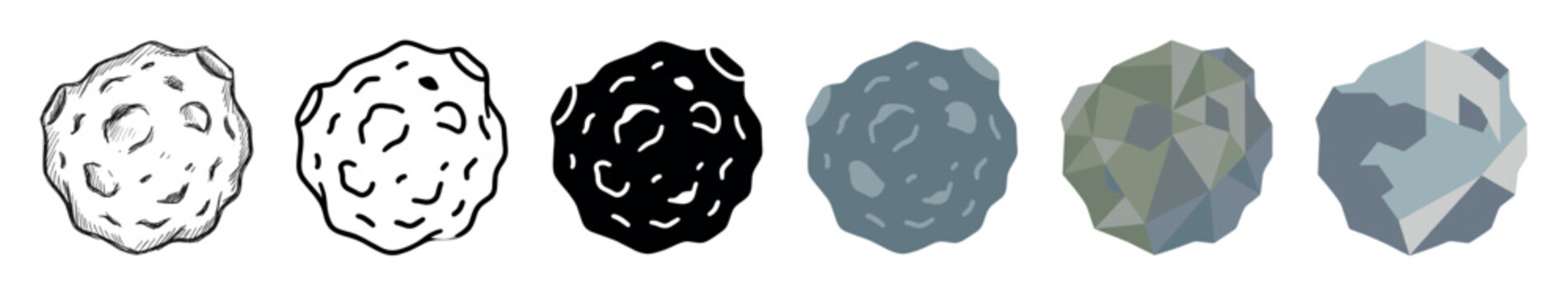 Asteroid meteorite space rock multi style icon set with sketch, outline, glyph, flat, and polygonal