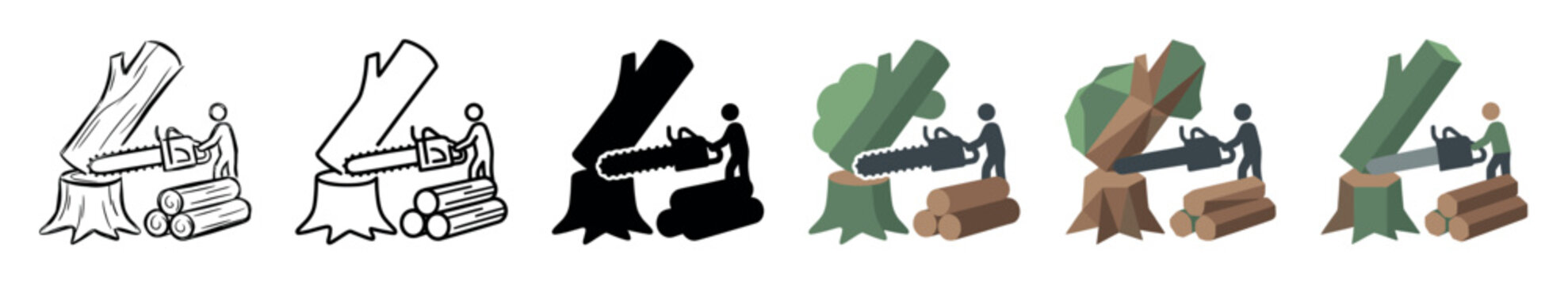Lumberjack cutting tree trunk with chainsaw and logs multi style icon set with outline, solid, flat, and isometric styles