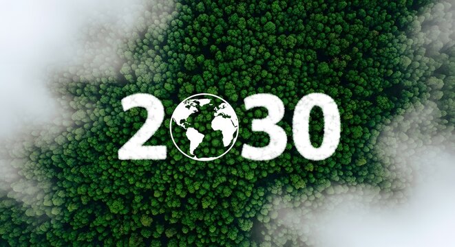 Futuristic vision of a lush green forest with the text 2030 and a globe