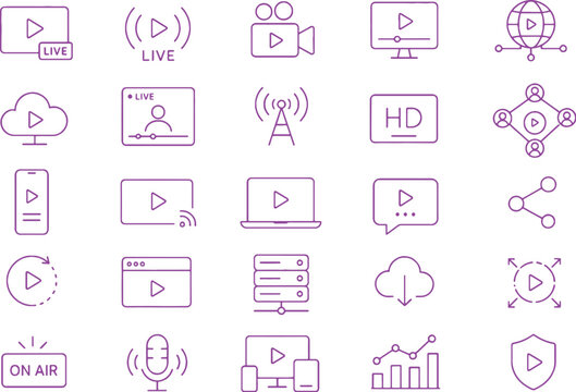 Streaming technology icon set minimalist line art