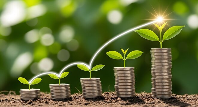 Small plants growing from stacks of coins with sunlight emphasizing financial growth and prosperity