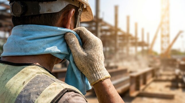 Construction worker wipes sweat with blue cloth in hot weather at a building site