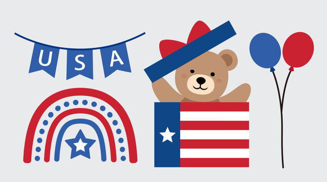 USA Independence Day Illustration Collection.
American Holiday Party Decorations Vector Clipart Set.
Patriotic 4th of July Elements.
Cute Teddy Bear, Gifts and Patriotic Icons.