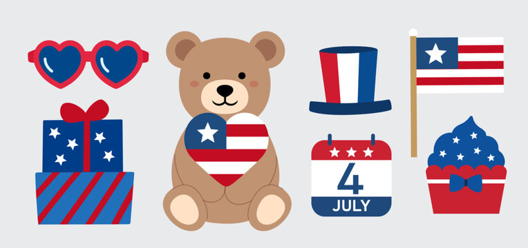 USA Independence Day Illustration Collection.
American Holiday Party Decorations Vector Clipart Set.
Patriotic 4th of July Elements.
Cute Teddy Bear, Gifts and Patriotic Icons.