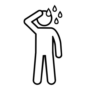 Fever man stick figure icon, minimalist line art of person sweating with heat droplets for illness symptoms, heatstroke, and stress concept.