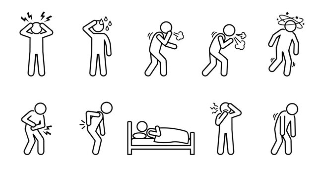 Sick man symptoms stick figure icon set vector. Flu illness, body pain, headache, fever, cough, stomachache, and medical health problems concept illustration