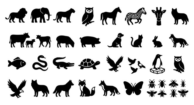 Animal silhouette icon collection with mammals birds reptiles and fish vector illustrations