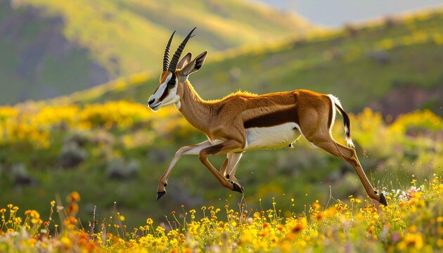 Springbok antelope pronking with all four legs off the ground in golden savanna grassland at sunrise