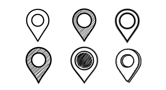 Hand-drawn map location pin marker icons in various artistic sketch styles with location navigation position elements direction