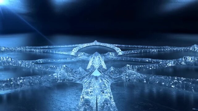 Ice crystalline forming symmetric abstract macro with blue light reflections featuring frosty, frozen, cold with winter and crystal elements for