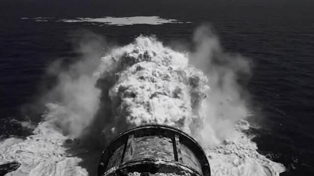 Black and white view of a large pipe ejecting water into the ocean causing a large splash