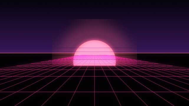 80s synthwave retrowave Classic pink purple perspective grid scrolling toward neon horizon with glowing sun, vaporwave abstract background, seamless loop animation