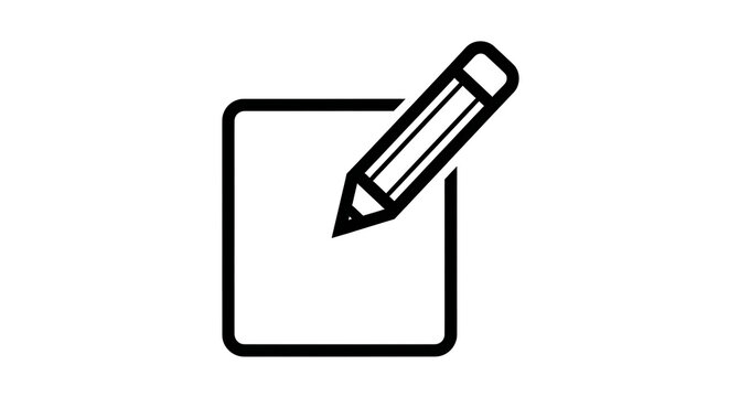 Simple black outline icon of a pencil writing on a square paper note with minimalist business creative