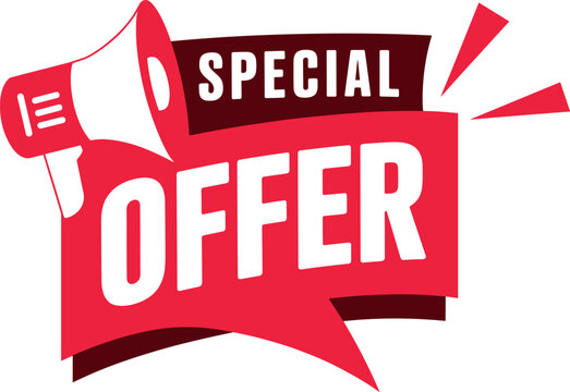 Red special offer banner with megaphone graphic and bold text