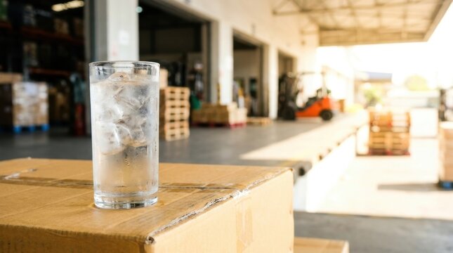 Glass of iced water on a cardboard box with a busy warehouse loading dock in the background