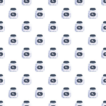 Seamless pattern featuring multiple vitamin b9 supplement bottles for health and wellness