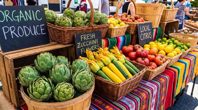 Organic Farmers Market Produce Display with Artichokes and Lemons